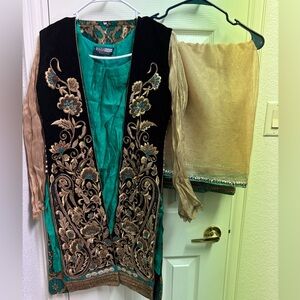 Embroidered Black and Teal Outfit with Gold Accents